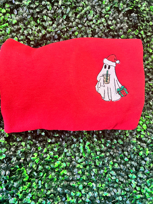 Santa Ghost With Iced Coffee and a Present Embroidered Pullover