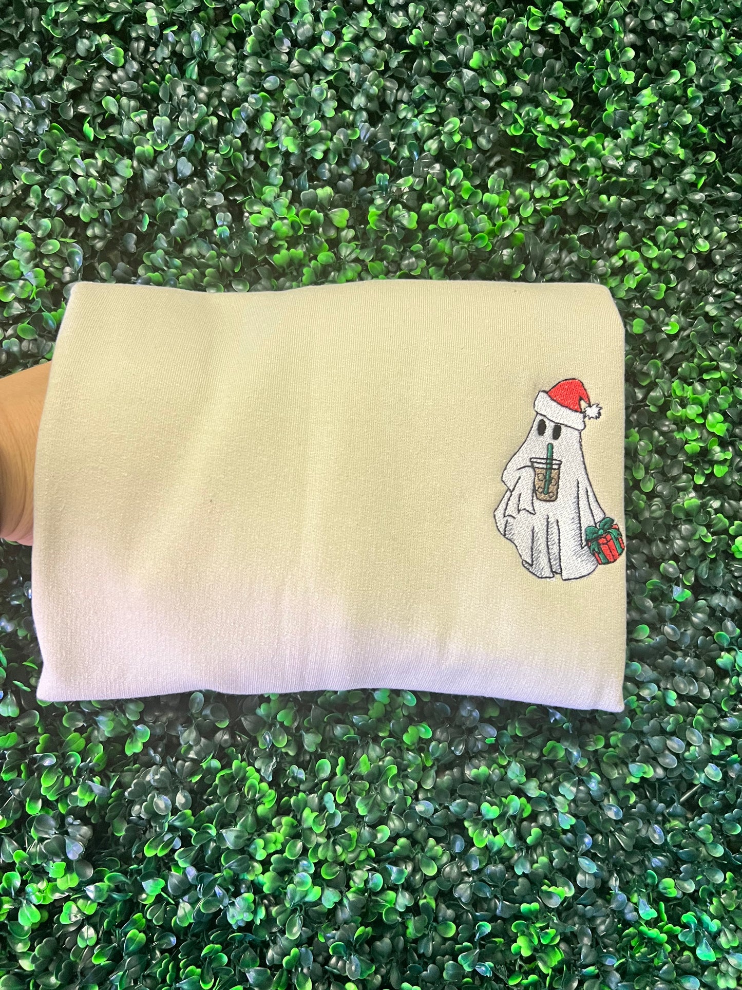 Santa Ghost With Iced Coffee and a Present Embroidered Pullover
